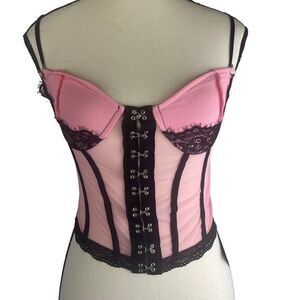 Zaful cropped pink & black cami top bodice lace trim sheer mesh sz S